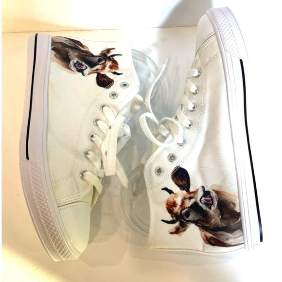Cow Lovers High Top Sneakers Womens White Canvas With Cow Print Size 7 - Picture 1 of 11